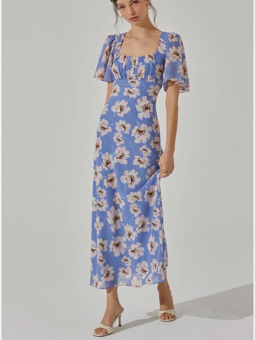 ASTR the Label Blue Pink Floral Tie-Back Flutter Sleeve Midi Maxi Dress XL